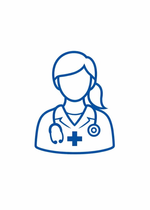 Blue line icon of a female doctor or nurse with stethoscope and medical cross symbol